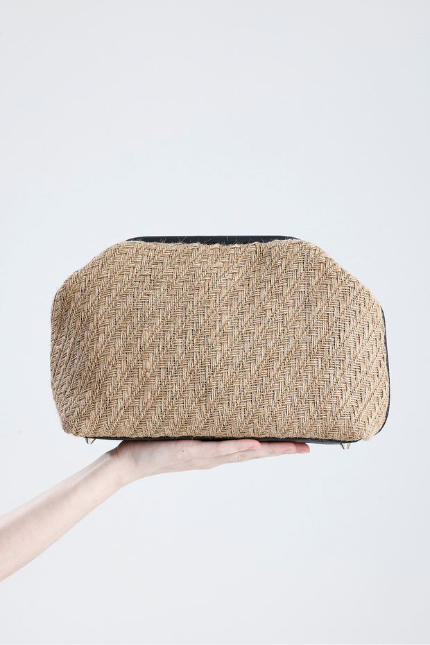 Heybes Women's Black Leather Detailed Herringbone Knitted Jute Clutch Handbag