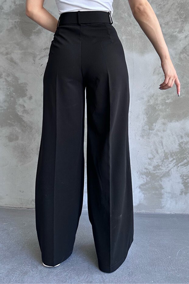 Μαύρο γυναικείο παντελόνι Palazzo με ψηλή μέση ζώνη - φαρδύ πόδι - 3