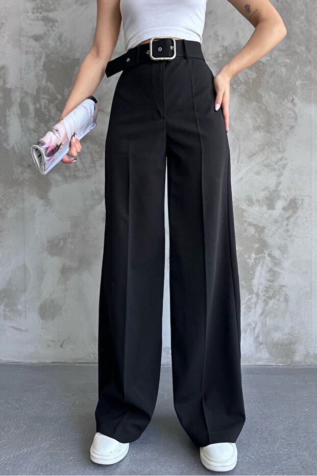 Μαύρο γυναικείο παντελόνι Palazzo με ψηλή μέση ζώνη - φαρδύ πόδι - 1