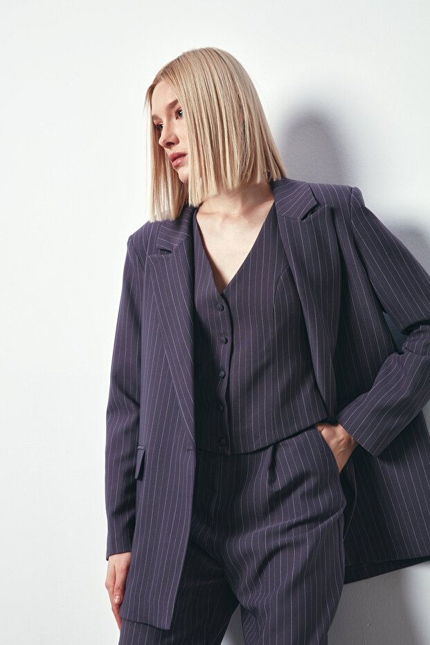 Striped Loose Jacket - Gray - 6