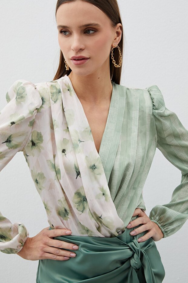 Double Patterned Double-Breasted Bodysuit Blouse - Green - 2
