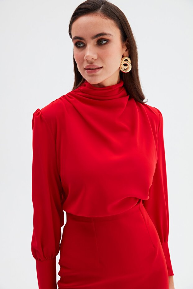 Drape Detaylı Bluz - Kırmızı - 1