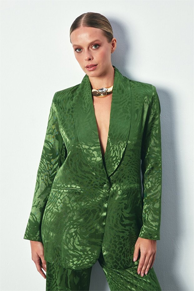Shawl Collar Patterned Jacket - Green - 2