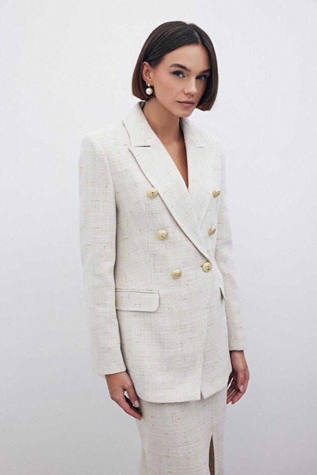 Simli Uzun Ceket - Taş - 4