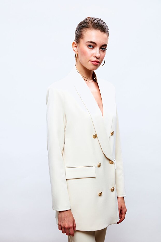 سترة بتفاصيل أزرار وصف أزرار مزدوج - لون حجري - 2