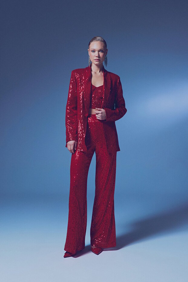 Sequined Casual Jacket - Red - 7