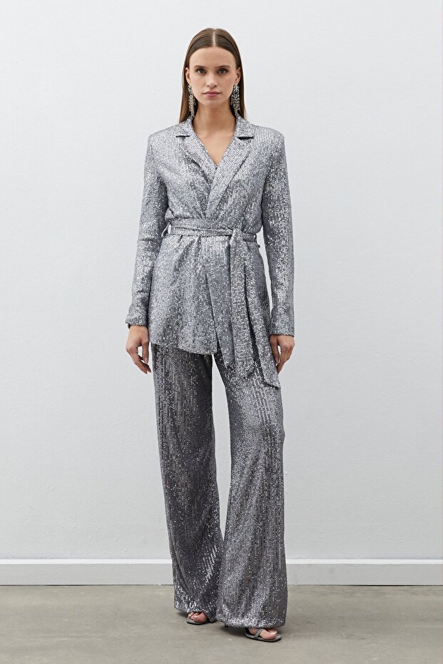 بنطلون ترتر بحزام - فضي - 4