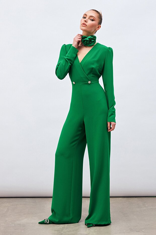 Double Breasted Ornamental Stone Crepe Jumpsuit - Green