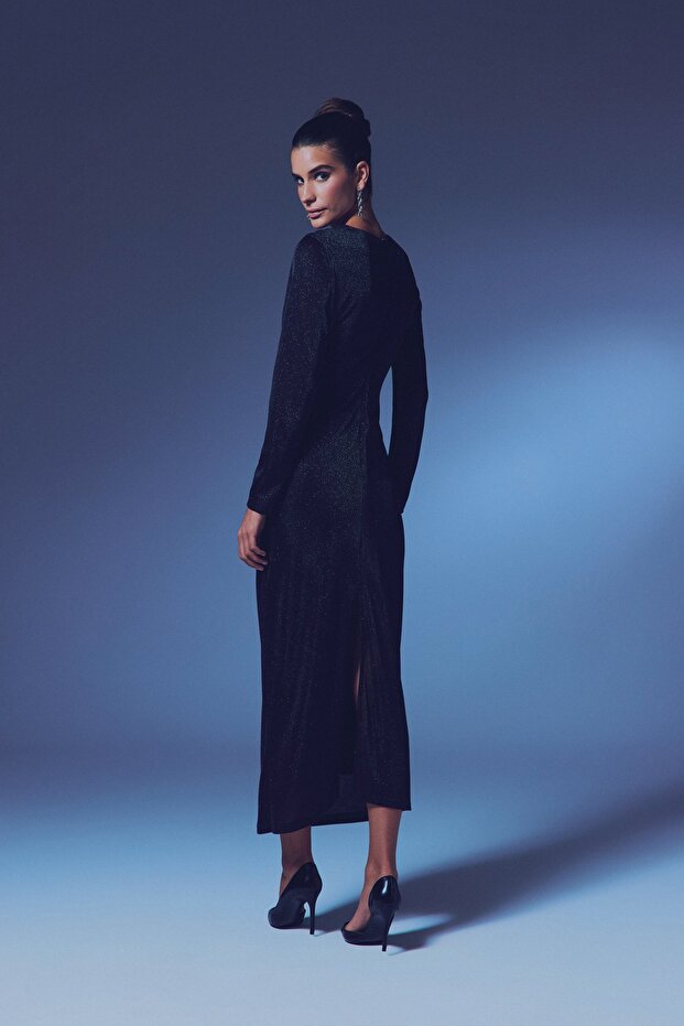 Simli Midi Elbise - Siyah - 8