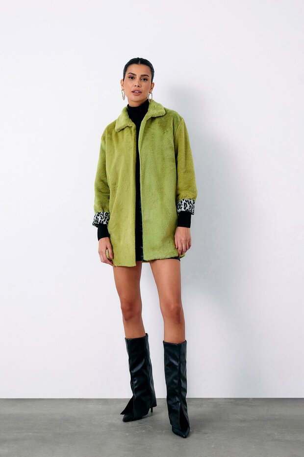 Palton de pluș căptușit cu leopard - verde - 1