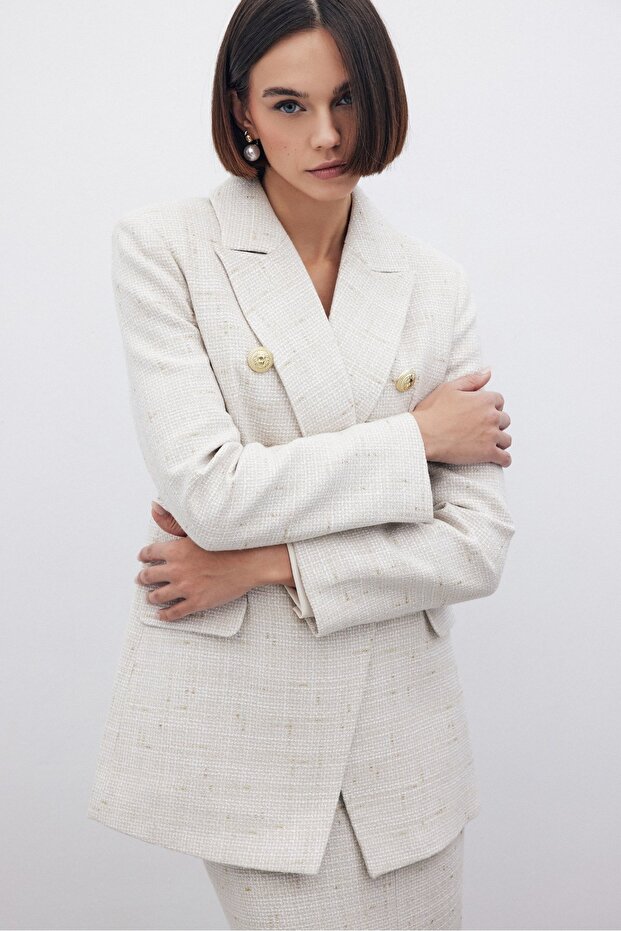 Simli Uzun Ceket - Taş - 2