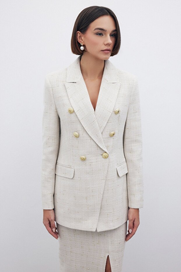 Simli Uzun Ceket - Taş - 3