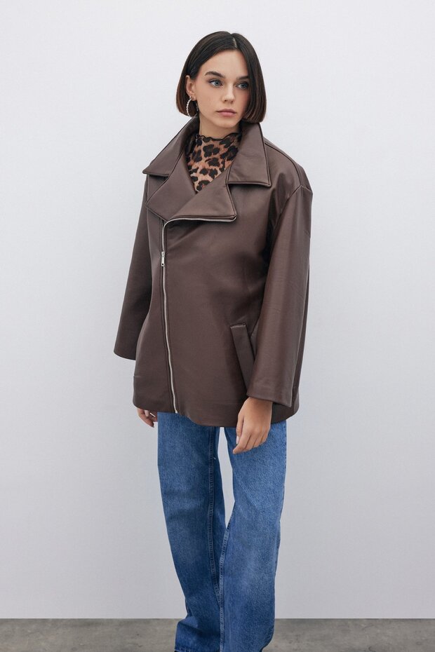 Oversize Leather Jacket - Brown - 5