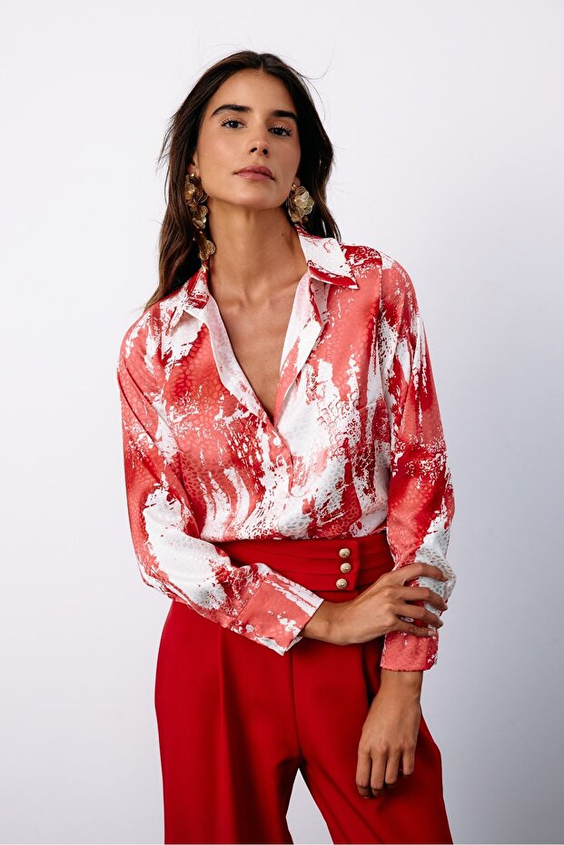 قميص فضفاض منقوش - أحمر - 6