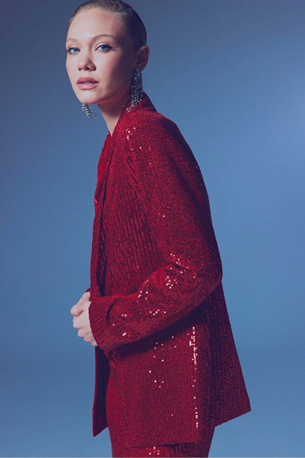 Sequined Casual Jacket - Red - 2