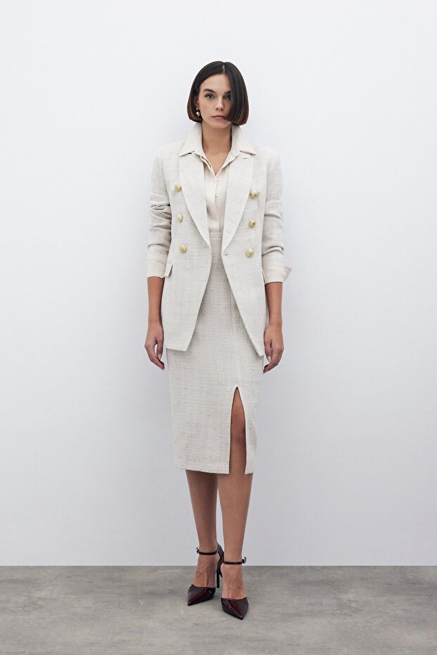 Simli Midi Boy Tüvit Etek - Bej - 4