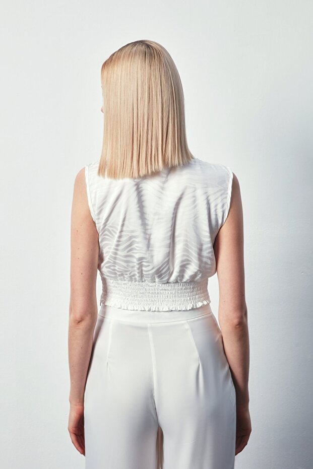 Double-Breasted Patterned Satin Blouse - Ecru - 7