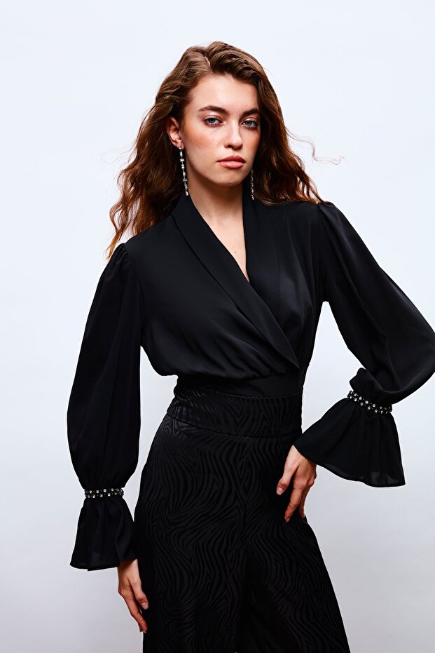 1133-1065 Black Women's Shawl Collar Bodice Blouse