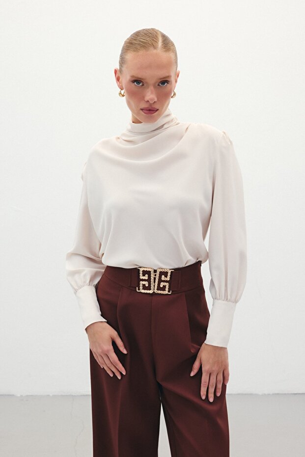 Drape Detaylı Bluz - Bej - 2