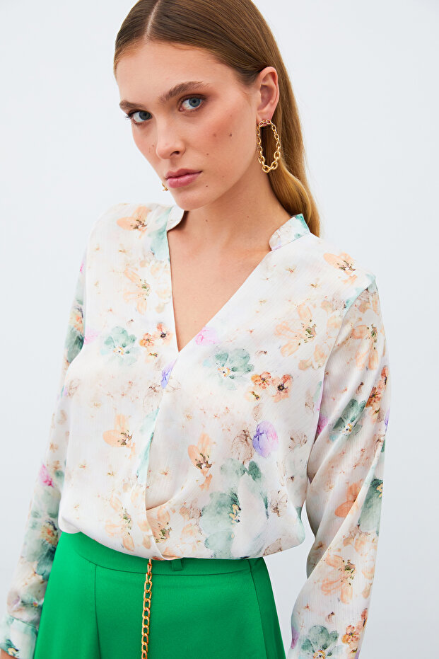 بلوزة مزدوجة الصدر منقوشة - أخضر تشاغلا - 5