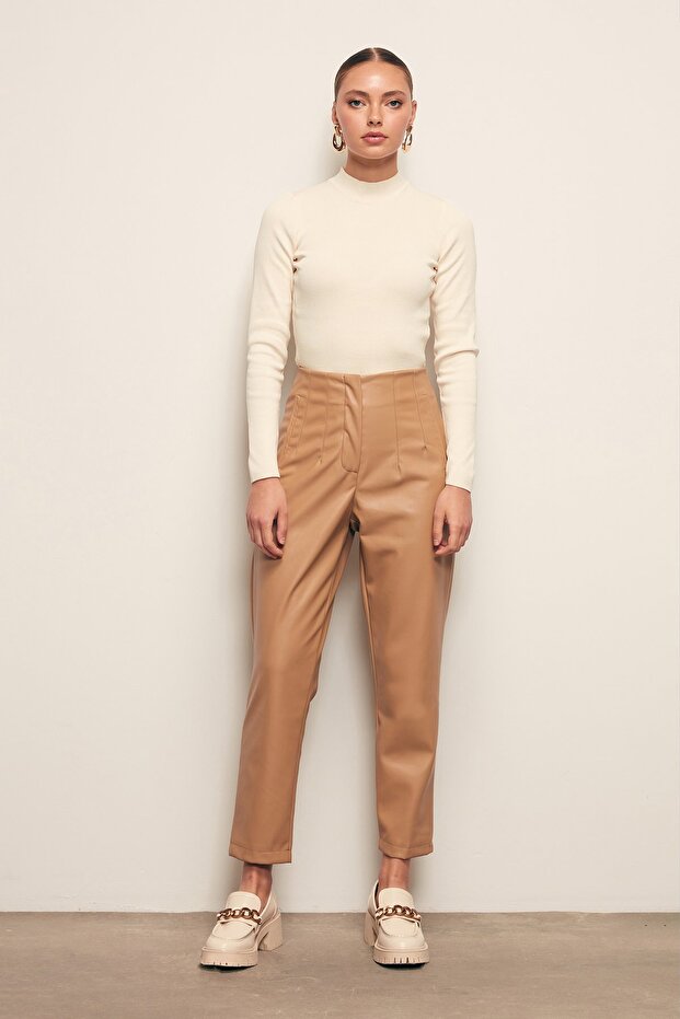 Plissierte Lederhose - Beige - 4