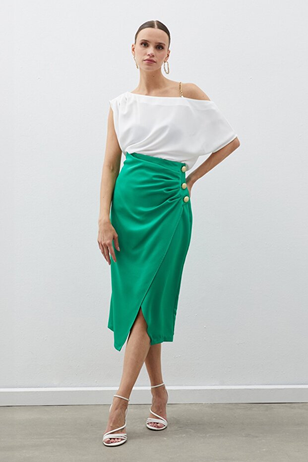 Satin Crepe Skirt with Button Accessories - Green