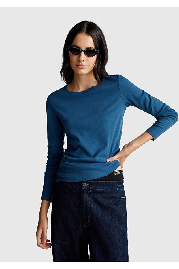 Women's Indigo Blue Basic Crew Neck Long Sleeve T-Shirt