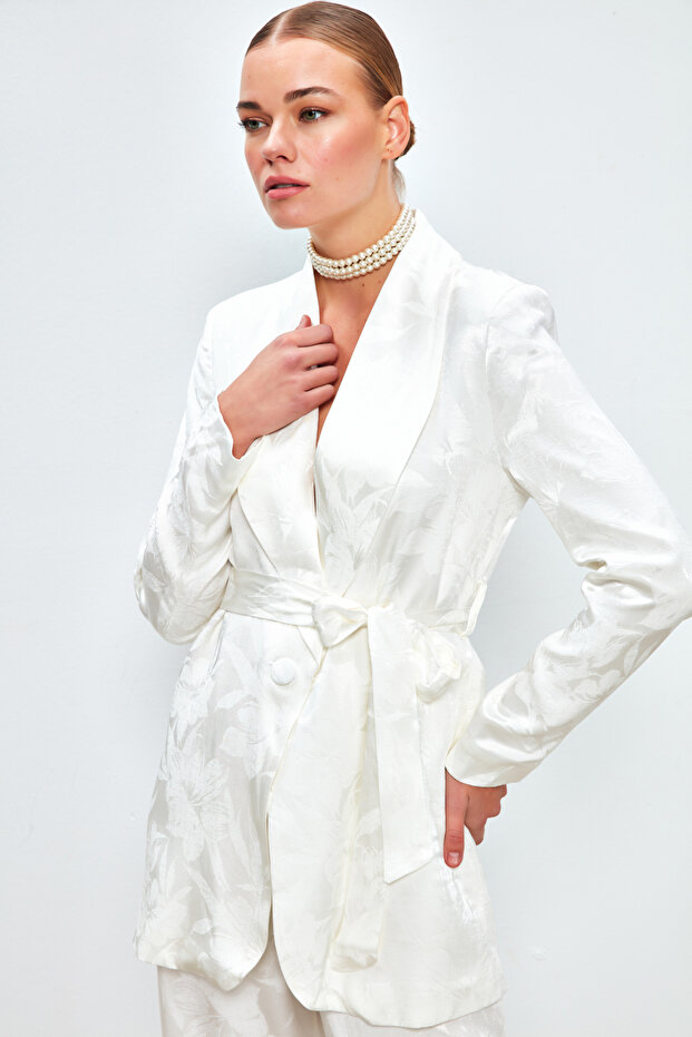 Patterned Long Coat - Ecru - 3