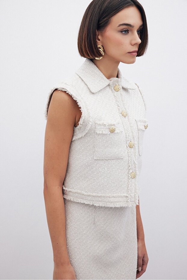 Simli Tüvit Yelek - Taş - 3