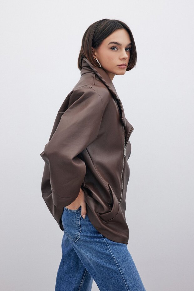 Oversize Leather Jacket - Brown - 7
