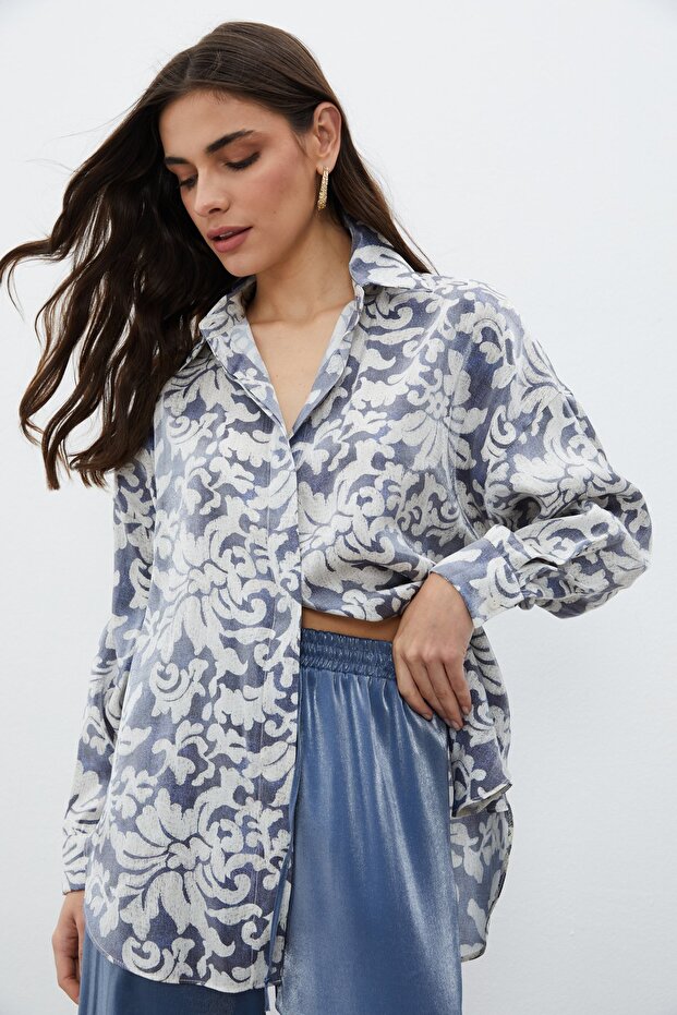 قميص طويل منقوش - نيلي - 1