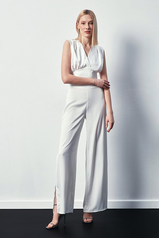 Double-Breasted Patterned Satin Blouse - Ecru - 6