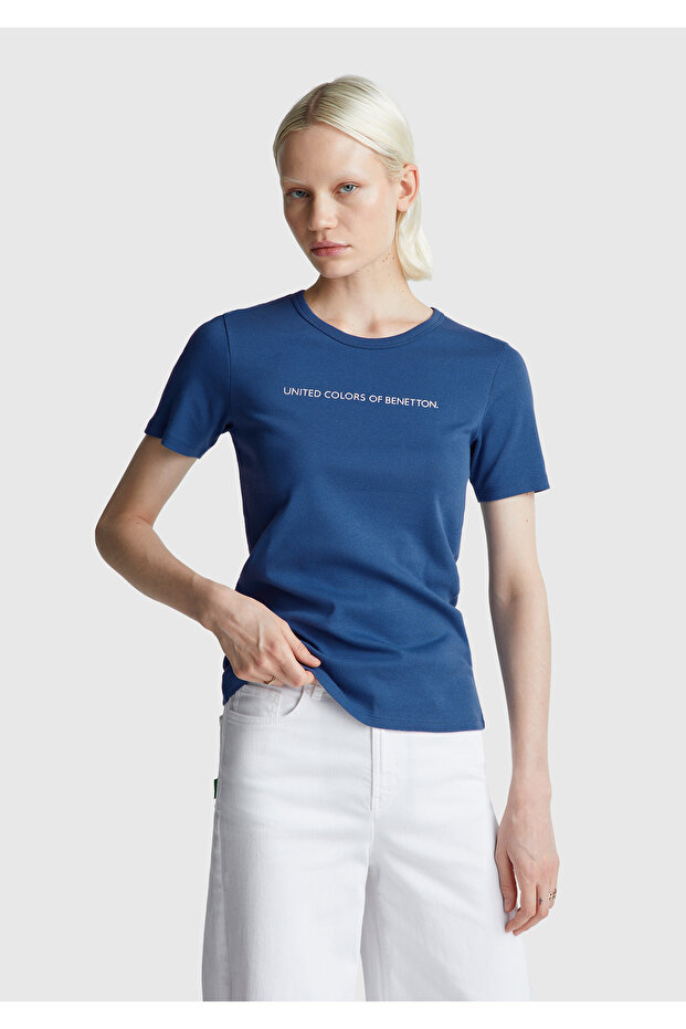 Women's Indigo Blue 100% Cotton Benetton Printed Basic T-Shirt