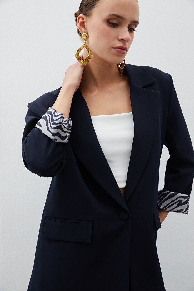 Zebra Lined Long Jacket - Navy Blue - 5