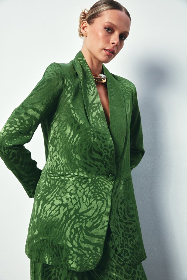 Shawl Collar Patterned Jacket - Green - 3
