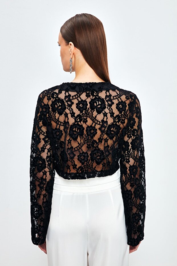 Dantelli Crop Bluz - Siyah - 8