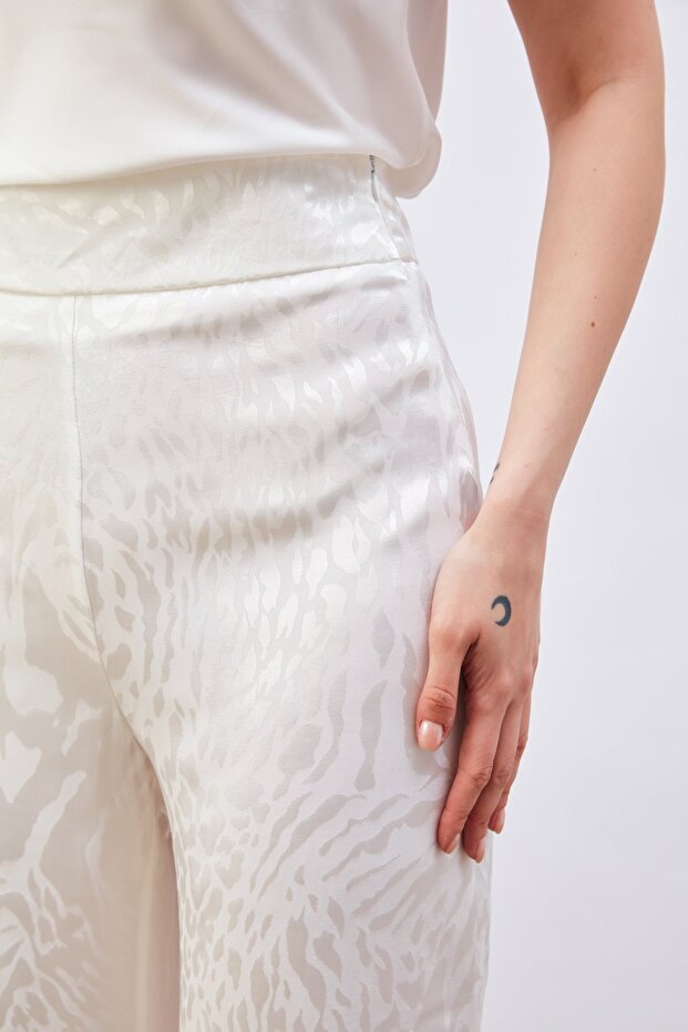 Patterned Satin Trousers - Ecru - 6