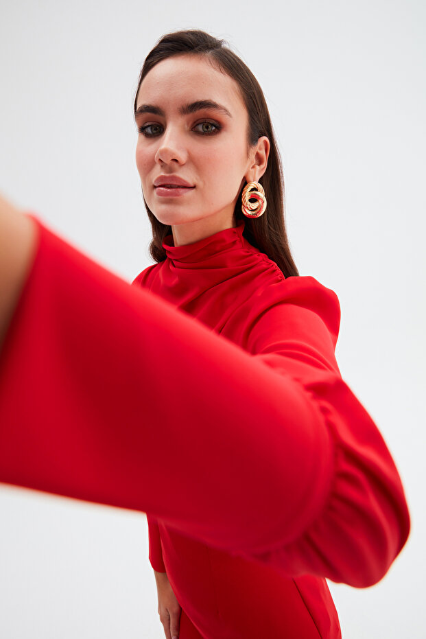 Drape Detaylı Bluz - Kırmızı - 4