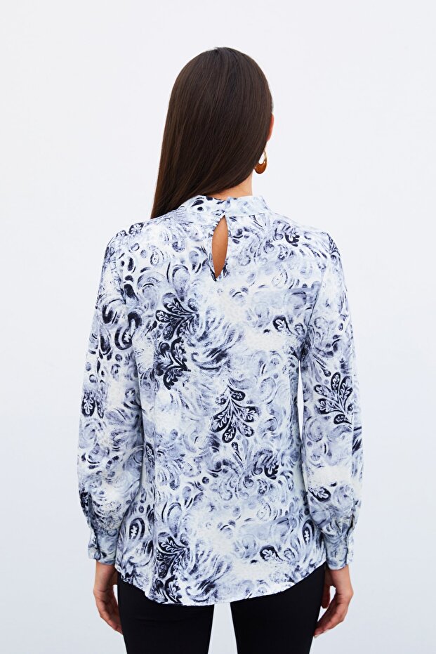 بلوزة منقوشة بياقة واقفة - أسود - 8