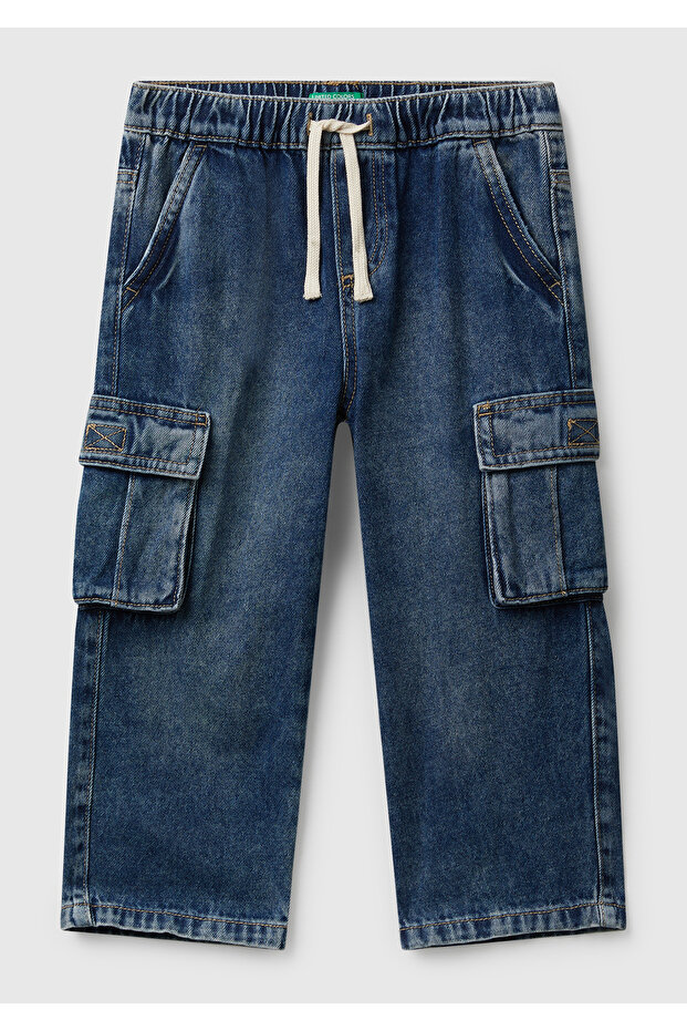 Boy's Dark Blue Denim Pants with Logo Detail on the Back and Side Pockets with Drawstring