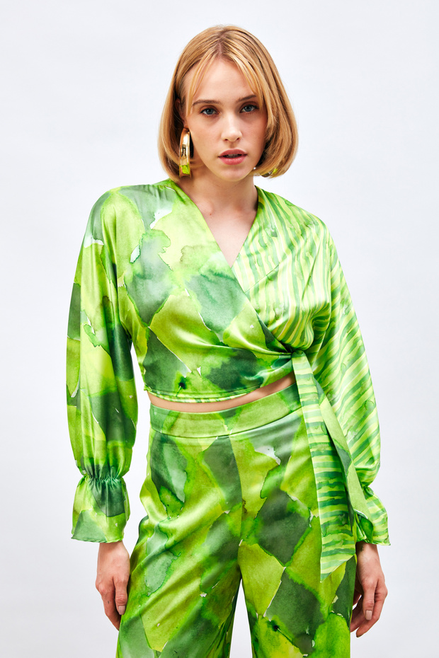 Side Tie Patterned Blouse - Green - 3