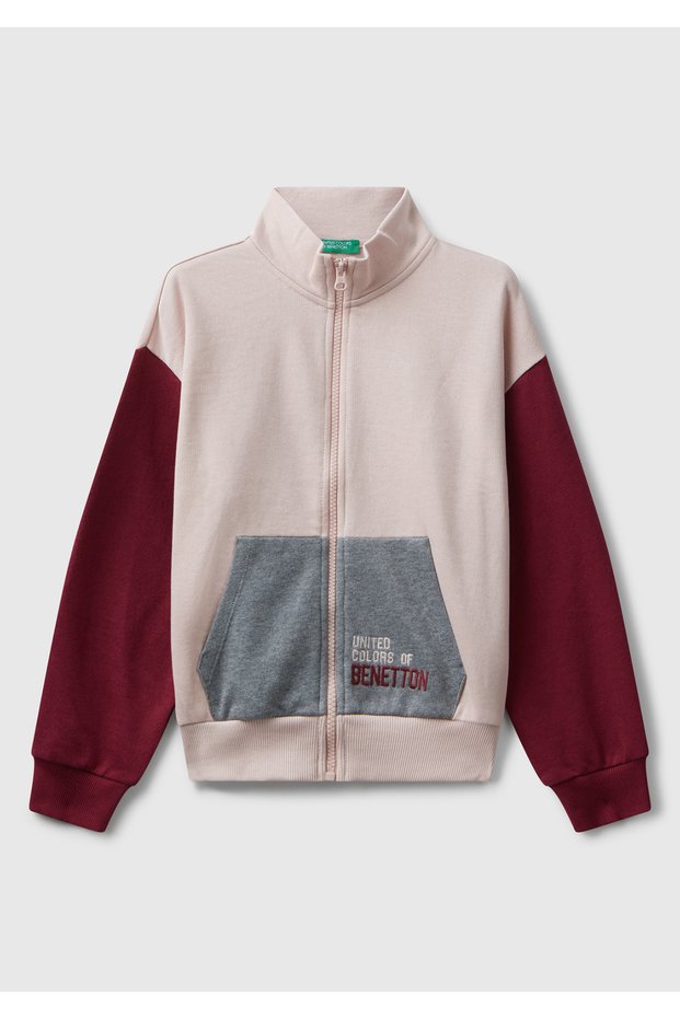 Girl's Black-Grey Mix Zippered Stand Collar Sweatshirt with Logo Embroidery on the Front and Pockets