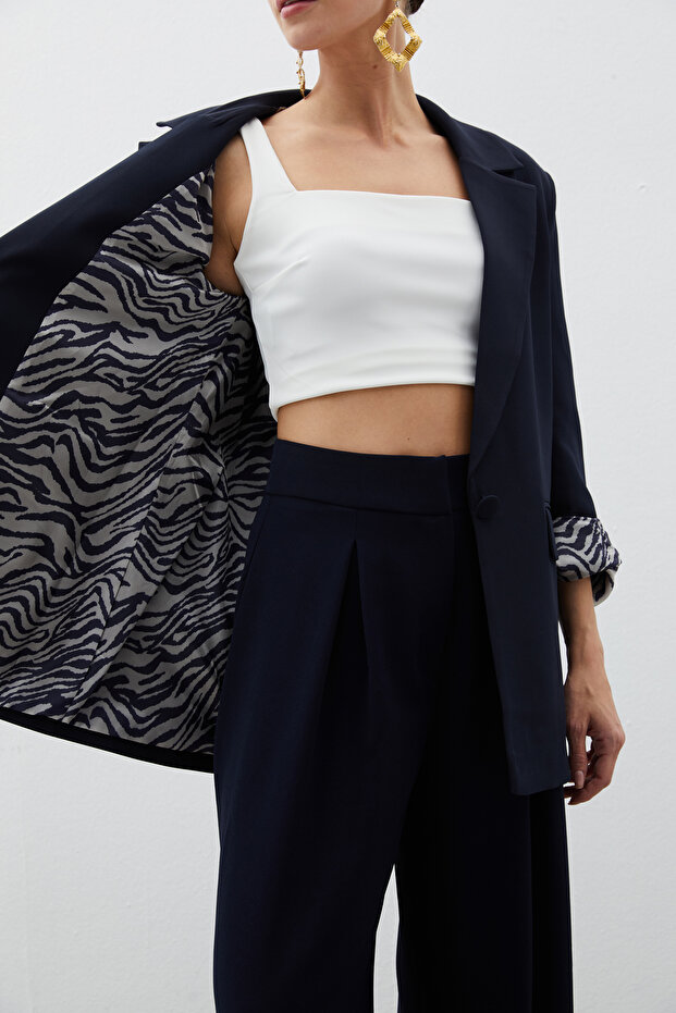 Zebra Lined Long Jacket - Navy Blue - 7