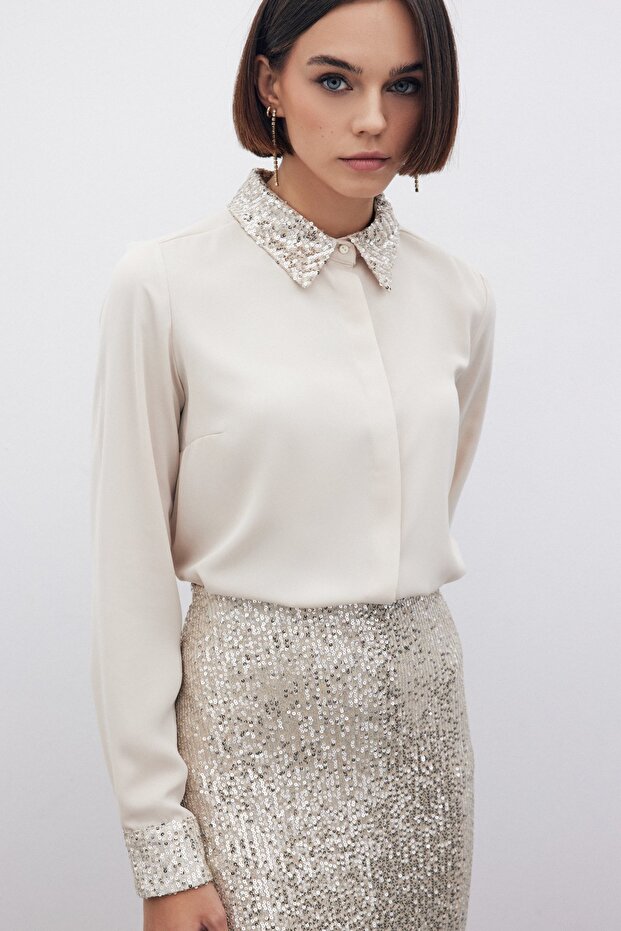 Sequin Detailed Classic Shirt - Beige