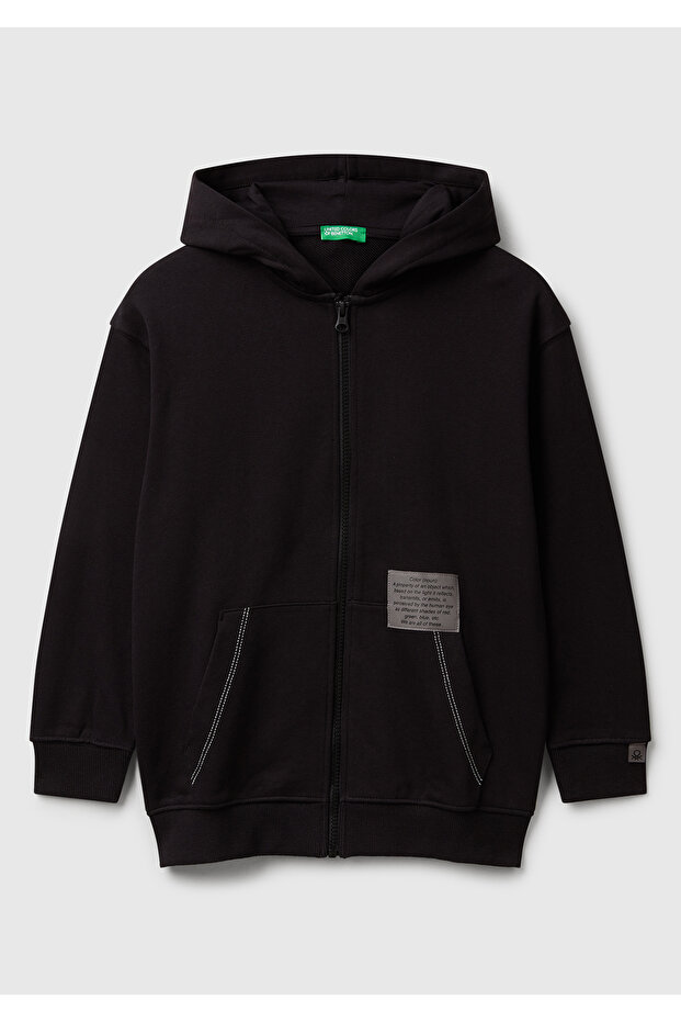 Boy's Black Logo Label Detailed Zippered Hooded Sweatshirt