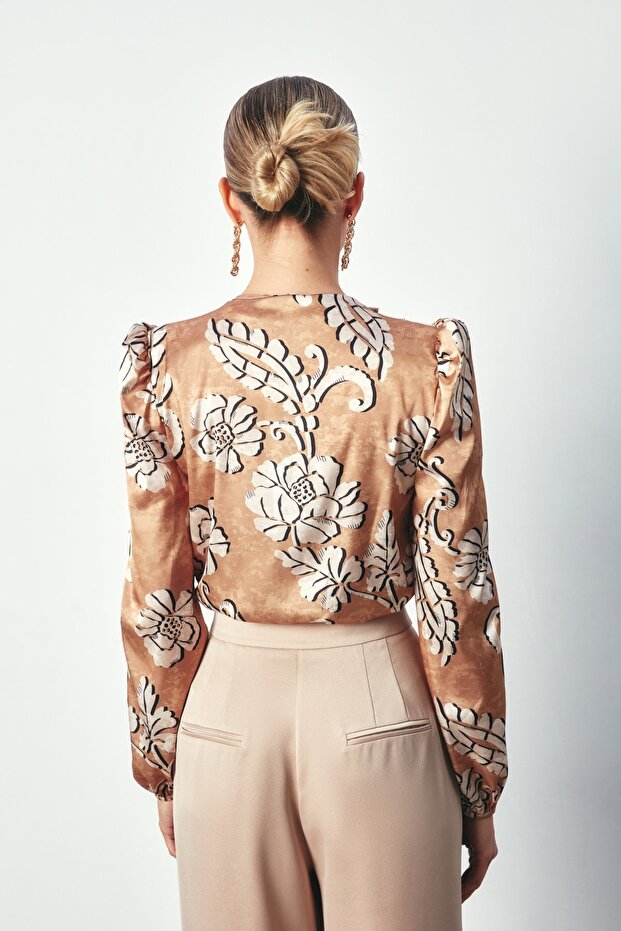 Patterned Bodysuit Blouse - Camel - 5