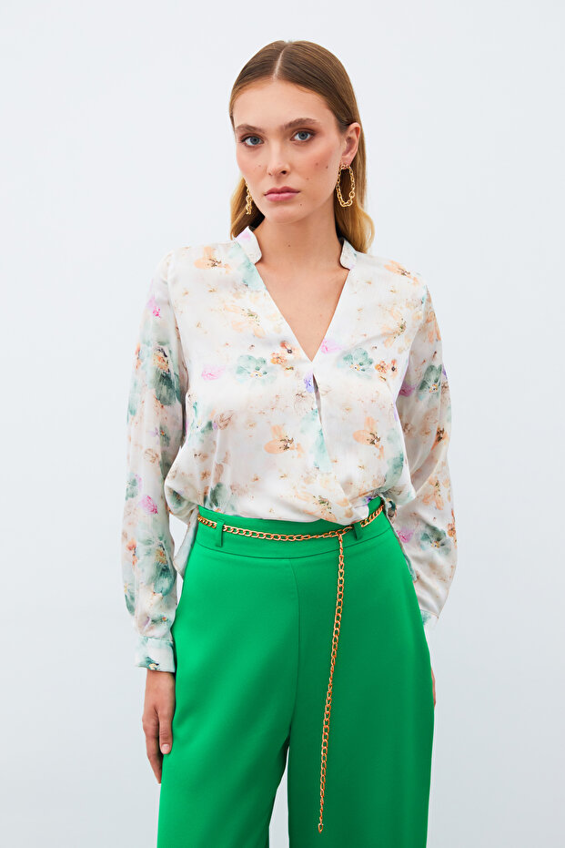 بلوزة مزدوجة الصدر منقوشة - أخضر تشاغلا - 3