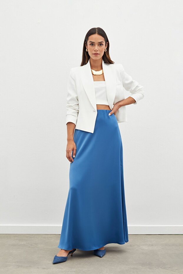 Fusta lungă din satin - Indigo - 5