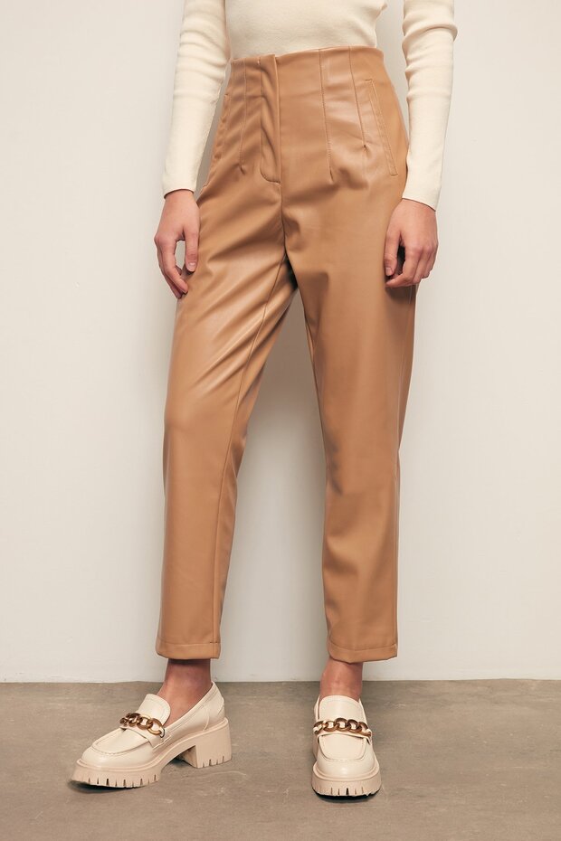 Plissierte Lederhose - Beige - 7