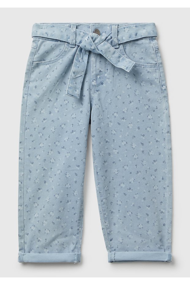 Girl's Light Blue Floral Print Tie Waist Cuffed Leg Denim Pants